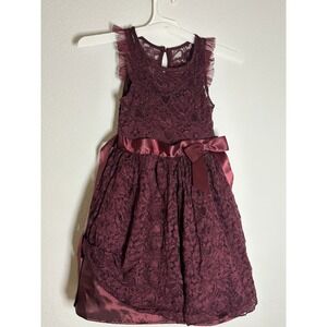 Lilt Girls Burgundy Floral Lace Party Dress Satin Bow Holiday Wedding Size 8